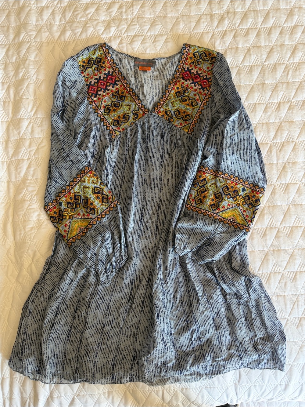 Embroidered V-Neck Gray Tunic Dress with Colorful Accents